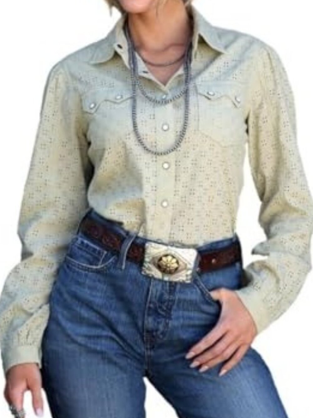 Cruel Women's Long Sleeve Girlfriend Fit Eyelet Snap Western Shirt Green